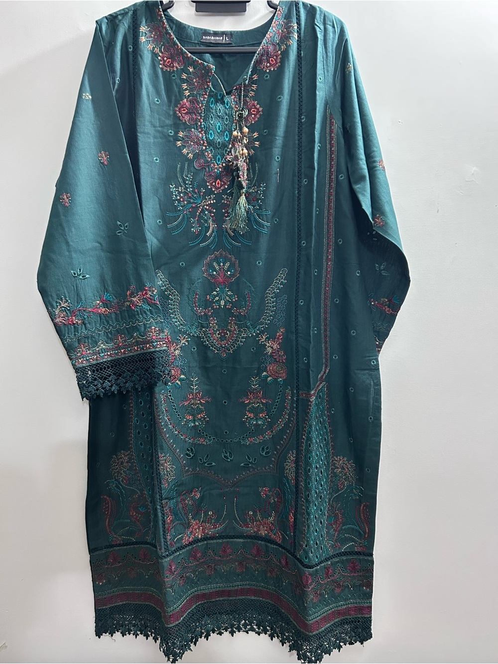 Large Teal Embroidered Kurta suit with Tassels by Sadabahar
